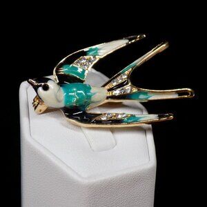 Vintage Swallow Bird Pin Brooch Enamel Clear Rhinestones Gold-tone Multicolor